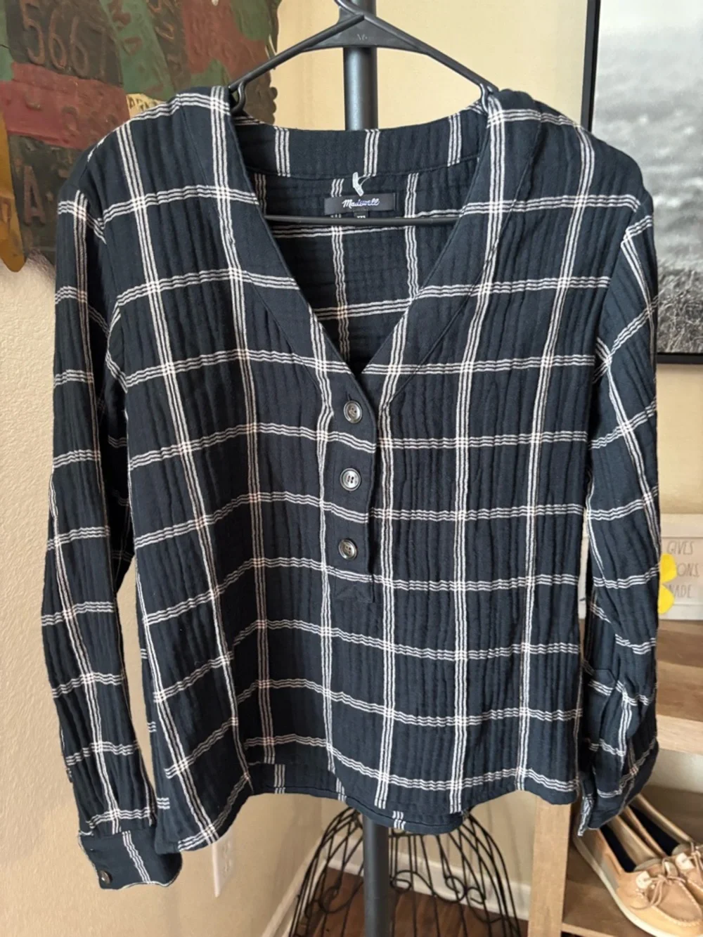 Madewell Black Plaid Button-Front Long Sleeve Top - Picture 2 of 5